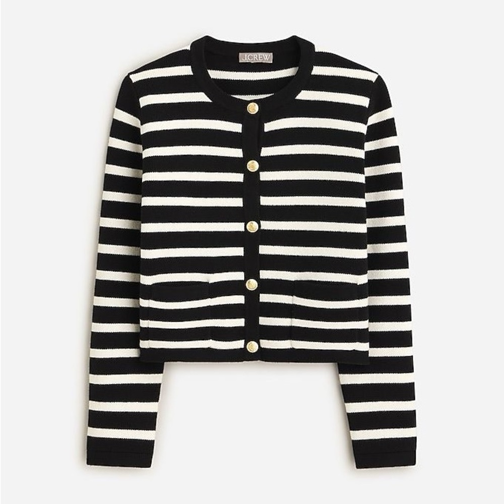 J. Crew Black and White Striped Knit Button-Up Cardigan